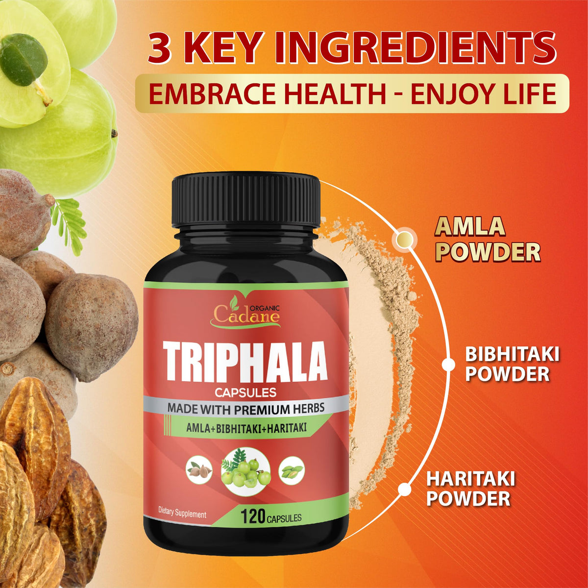 Organic Cadane Triphala 3 Fruit Powders - 120 Vegetarian Capsules - image 5