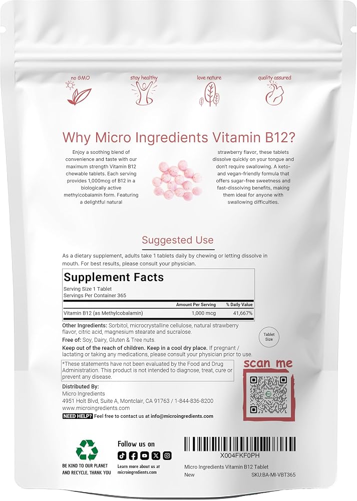 Micro Ingredients Vitamin B12 1000 mcg Methylcobalamin - 365 Tablets - image 2