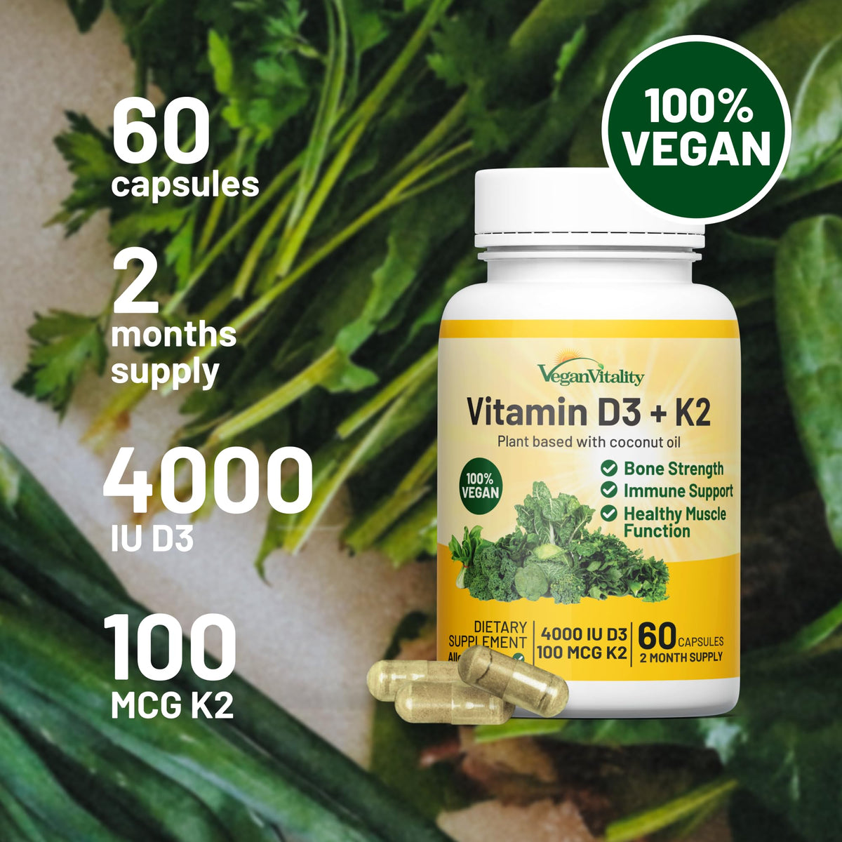Vegan Vitality Vitamin D3 K2 4000IU with Coconut Oil - 60 Capsules - image 4