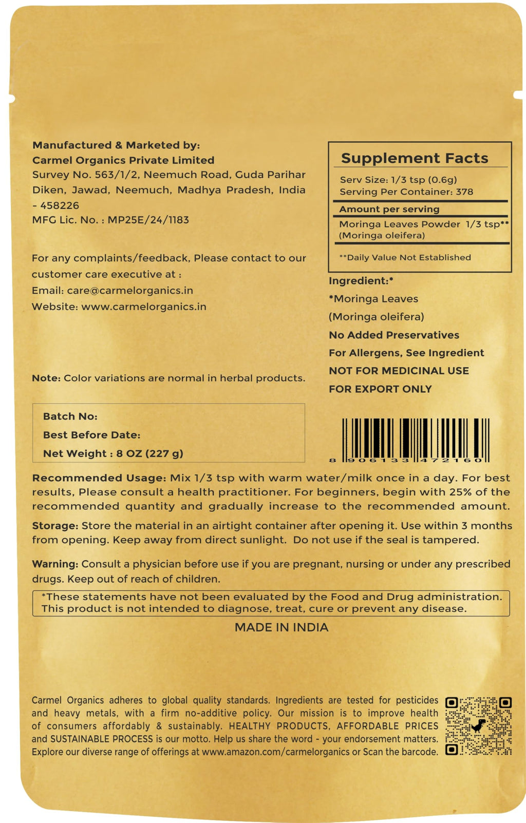CARMEL ORGANICS Moringa Leaves Powder - 8 Ounce - image 2