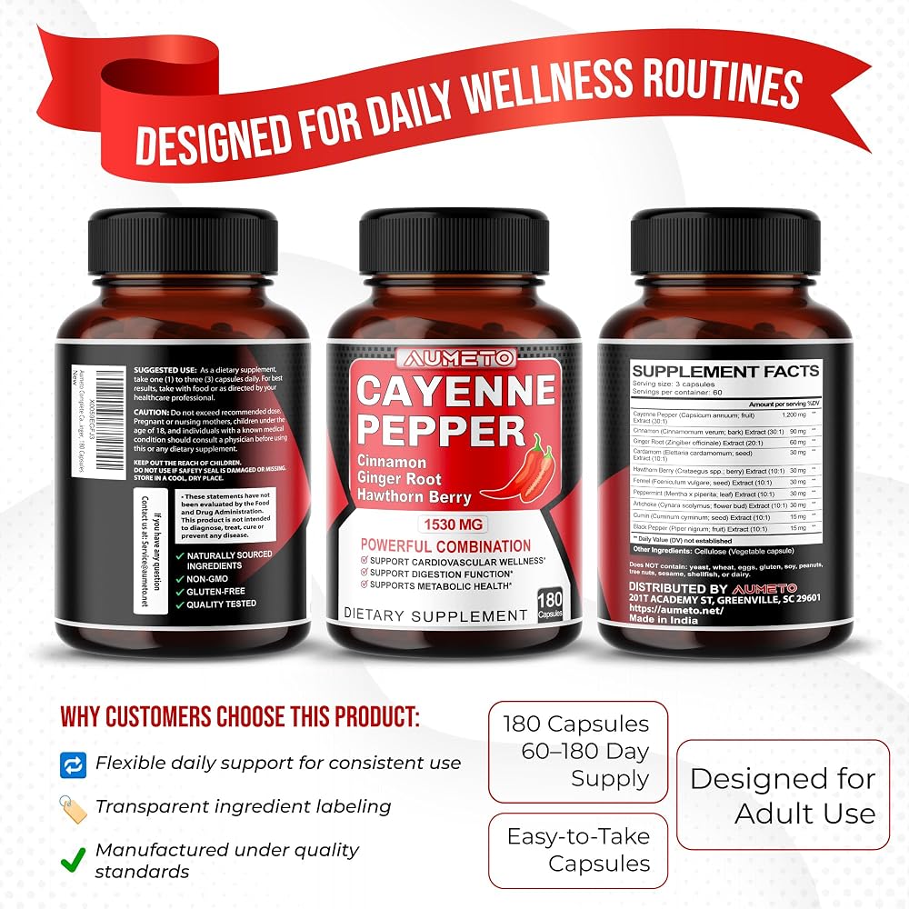 AUMETO Cayenne Pepper 1530mg with Cinnamon & Ginger - 180 Capsules - image 9