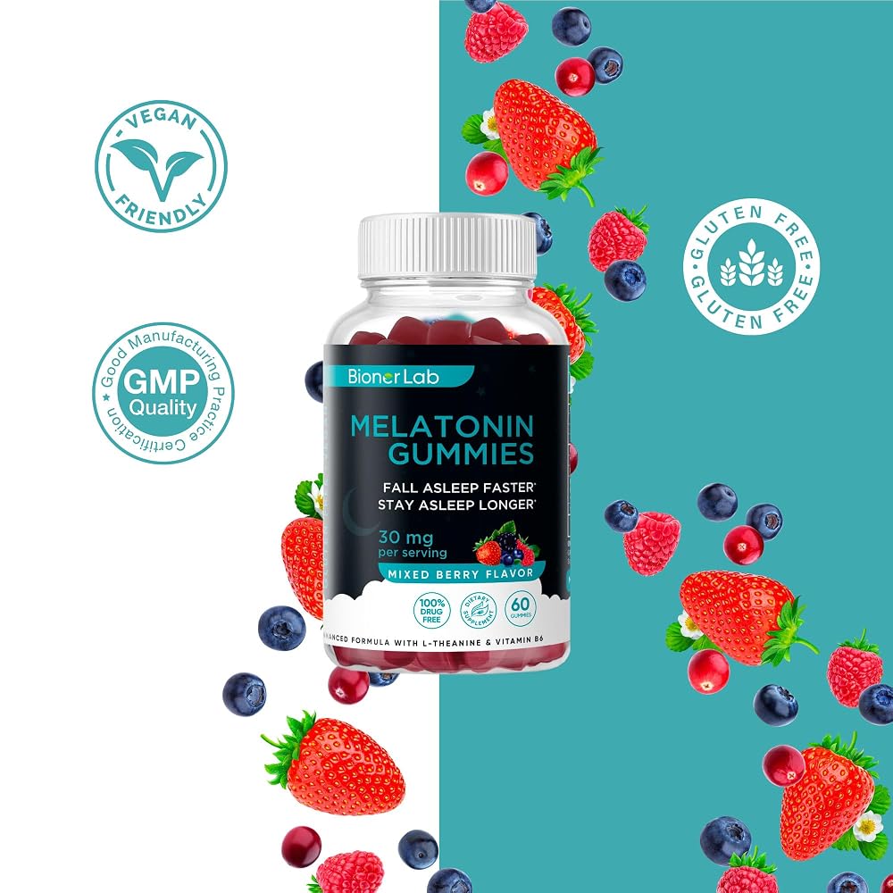 BionerLab Melatonin Gummies (30mg) Enhanced with L-theanine & Vitamin