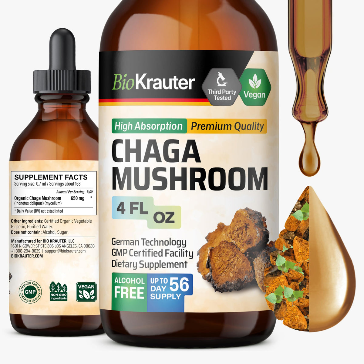 BIO KRAUTER Chaga Mushroom Tincture for Immune Support - 4 Fl Oz