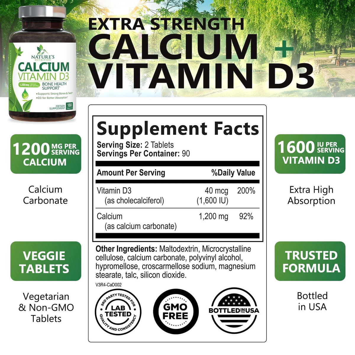 Nature's Nutrition Calcium 1200 mg with Vitamin D3 - Premium Bone