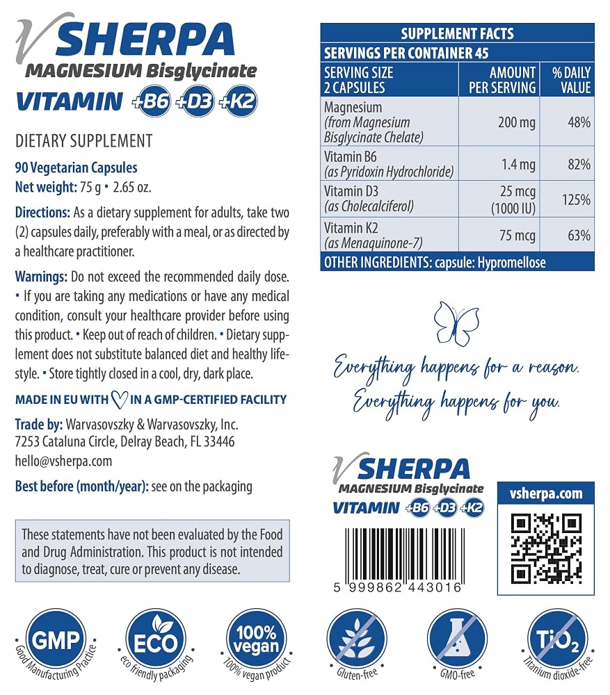 vSherpa Magnesium Bisglycinate with B6, D3 & K2 - 90 Capsules - image 5