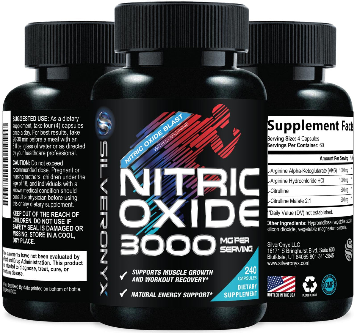 SILVERONYX Nitric Oxide Supplement 3000mg Blend - 240 Capsules
