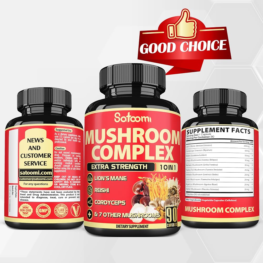 Satoomi Mushroom Complex Supplements Capsules - Blends with Lions Mane