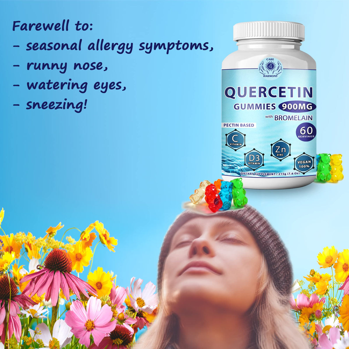 CARE 4 HARMONY Quercetin Gummies with Bromelain, Zinc & Vitamin D3 - 180 Count - image 4