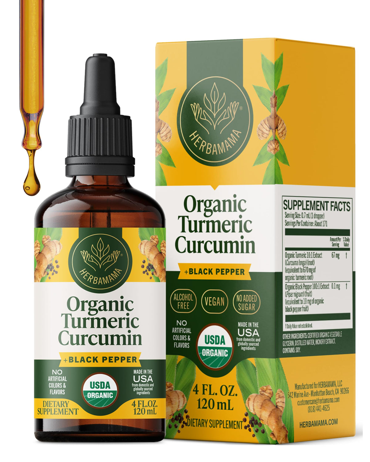 HERBAMAMA USDA Organic Turmeric Curcumin Supplement for Joint Support - 4 oz