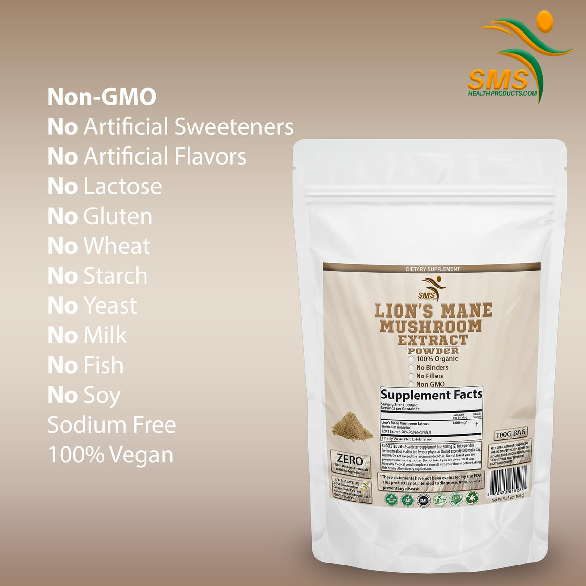 SMSHEALTHPRODUCTS.com Lion's Mane Mushroom Powder 50% Polysaccharides - 100G - image 3