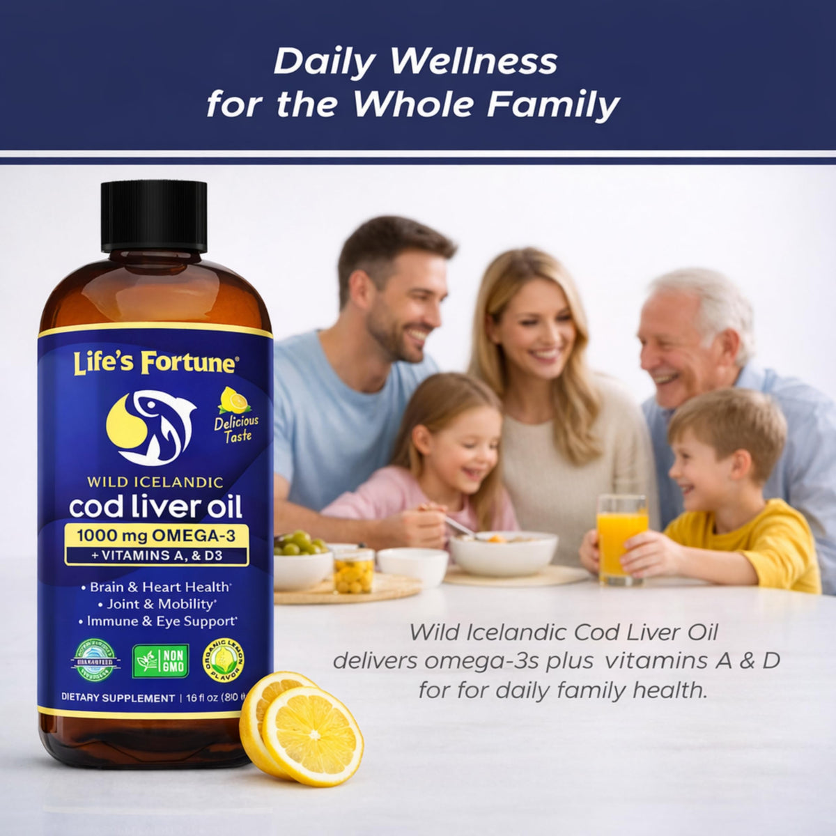 Life's Fortune Cod Liver Oil Liquid Lemon Flavor Organic Supplement