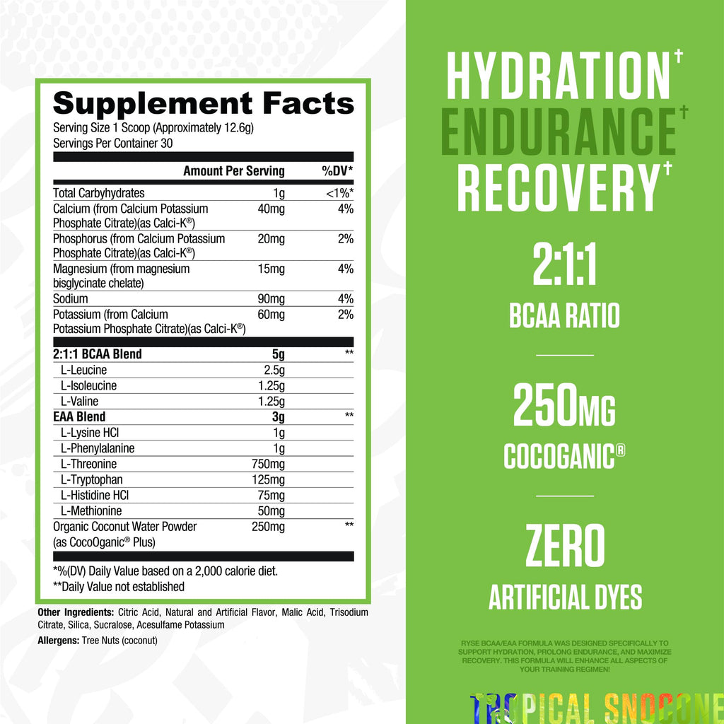 RYSE Up Supplements BCAA EAA Powder Tropical Snocone - 30 Servings - image 2