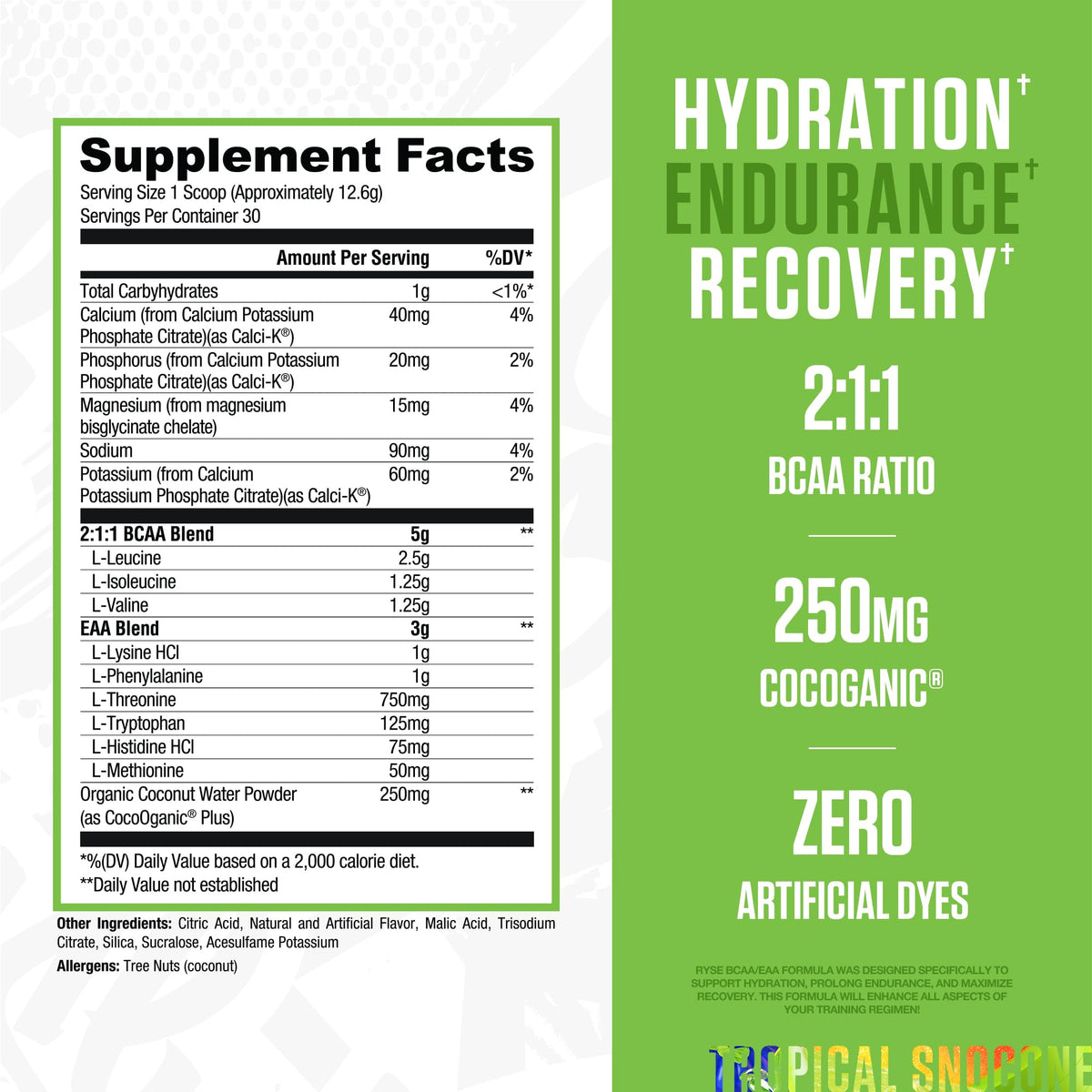 RYSE Up Supplements BCAA EAA Powder Tropical Snocone - 30 Servings - image 2