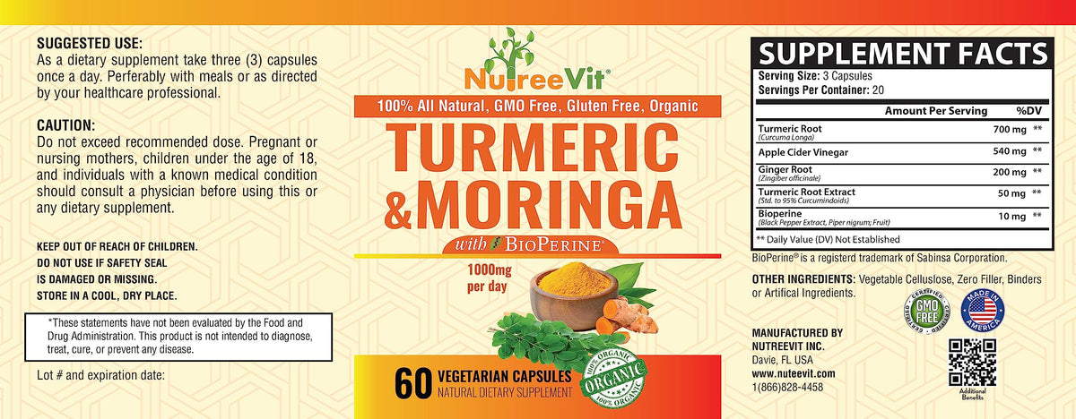 NutreeVit Turmeric Curcumin with Moringa & Bioperine - 200 Capsules - image 4