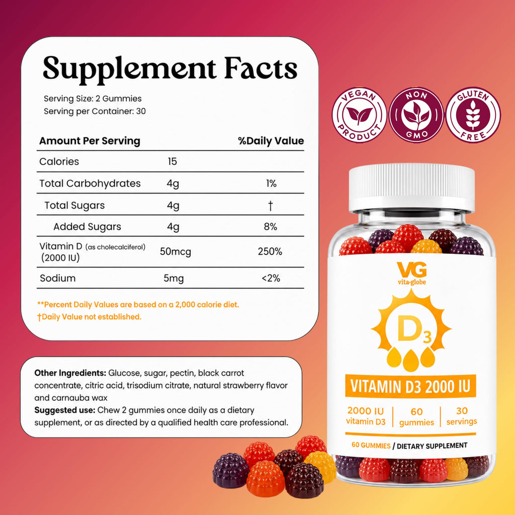 VITA GLOBE Vitamin D3 Gummies 2000 IU with Zinc & Echinacea - 120 Count - image 2