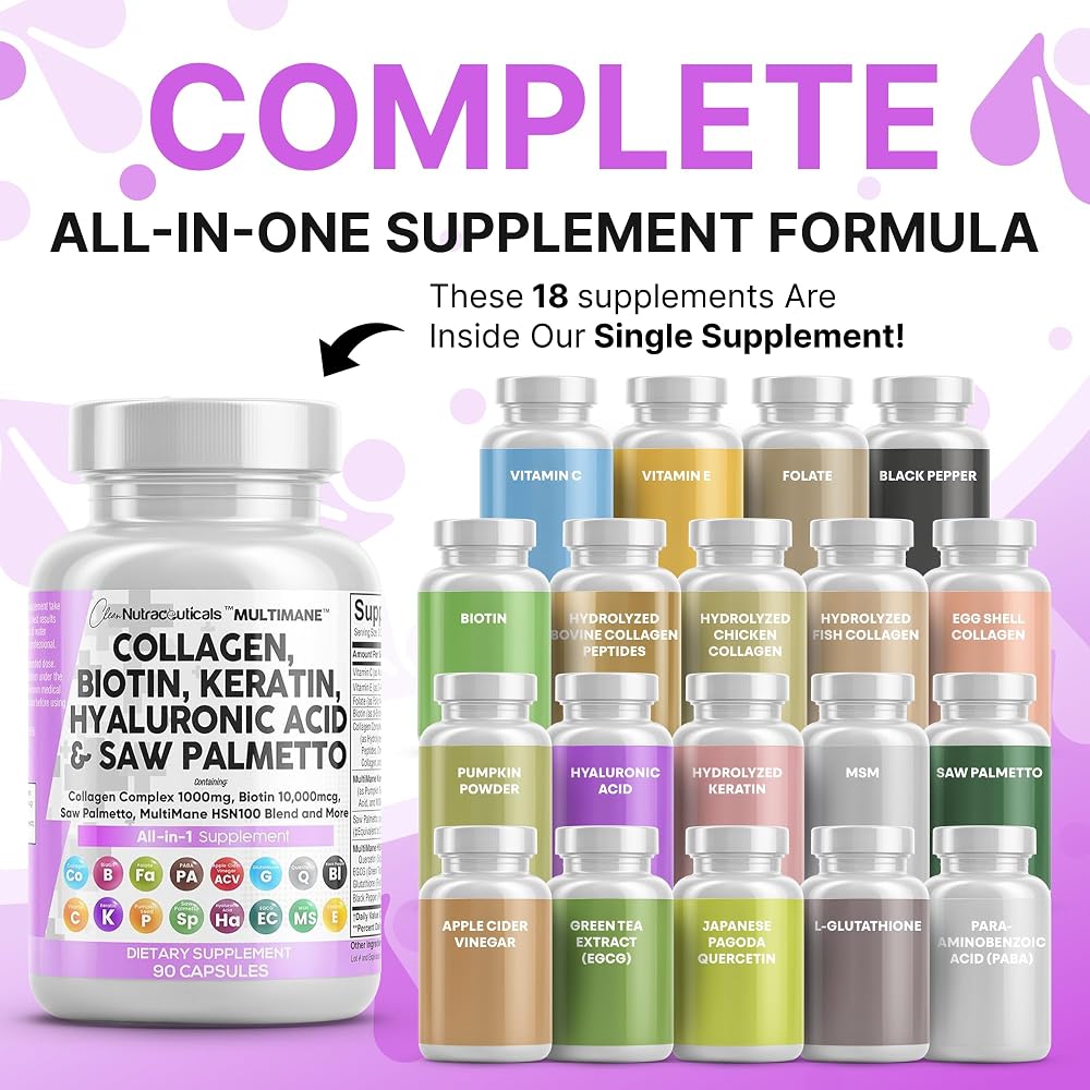 Clean Nutraceuticals Collagen Pills 1000mg Biotin 10000mcg Keratin
