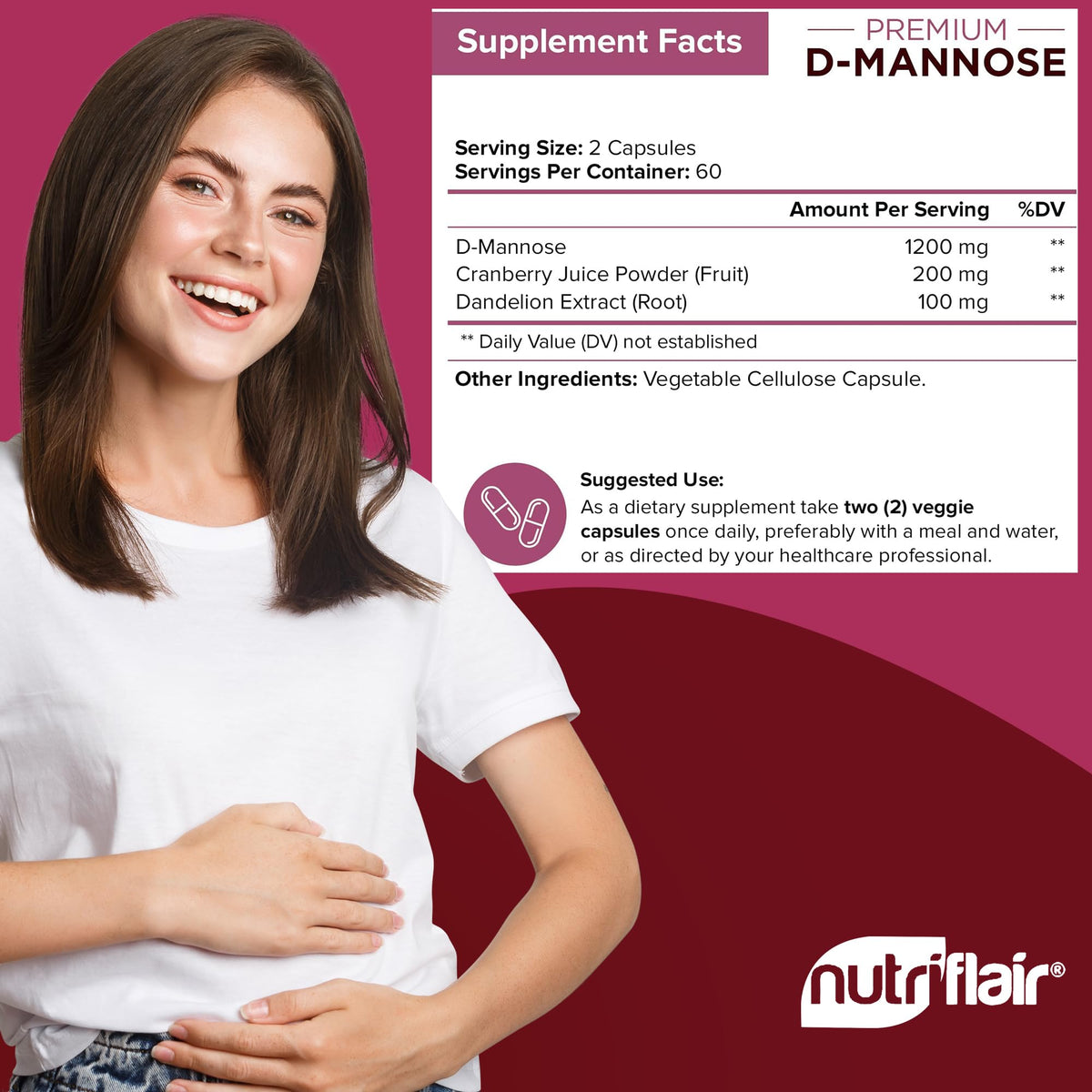 NutriFlair D-Mannose 1500mg with Cranberry - 120 Capsules - image 3