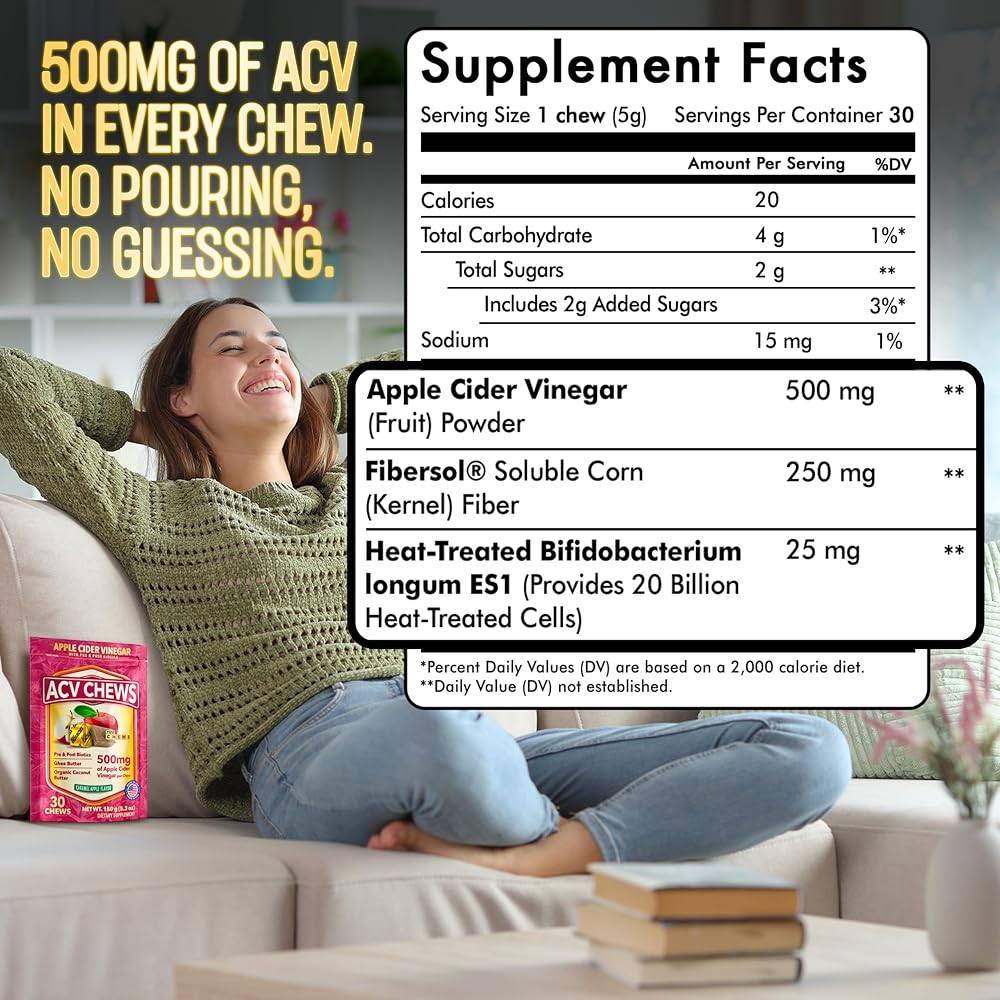 YouChews Apple Cider Vinegar Gummies with Prebiotics & Postbiotics - 60 Count - image 6