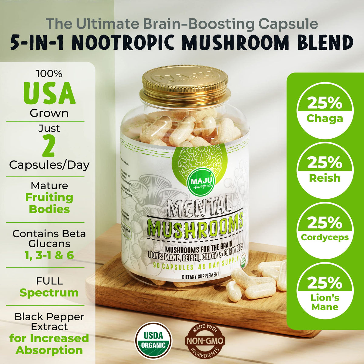 Maju Superfoods MENTAL Mushroom Capsules Organic Extract - 90 Count - image 3
