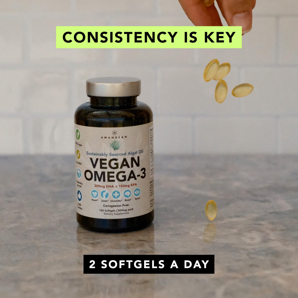 AMANDEAN Vegan Omega-3 Algal Oil DHA EPA Softgels - 120 Count - image 6