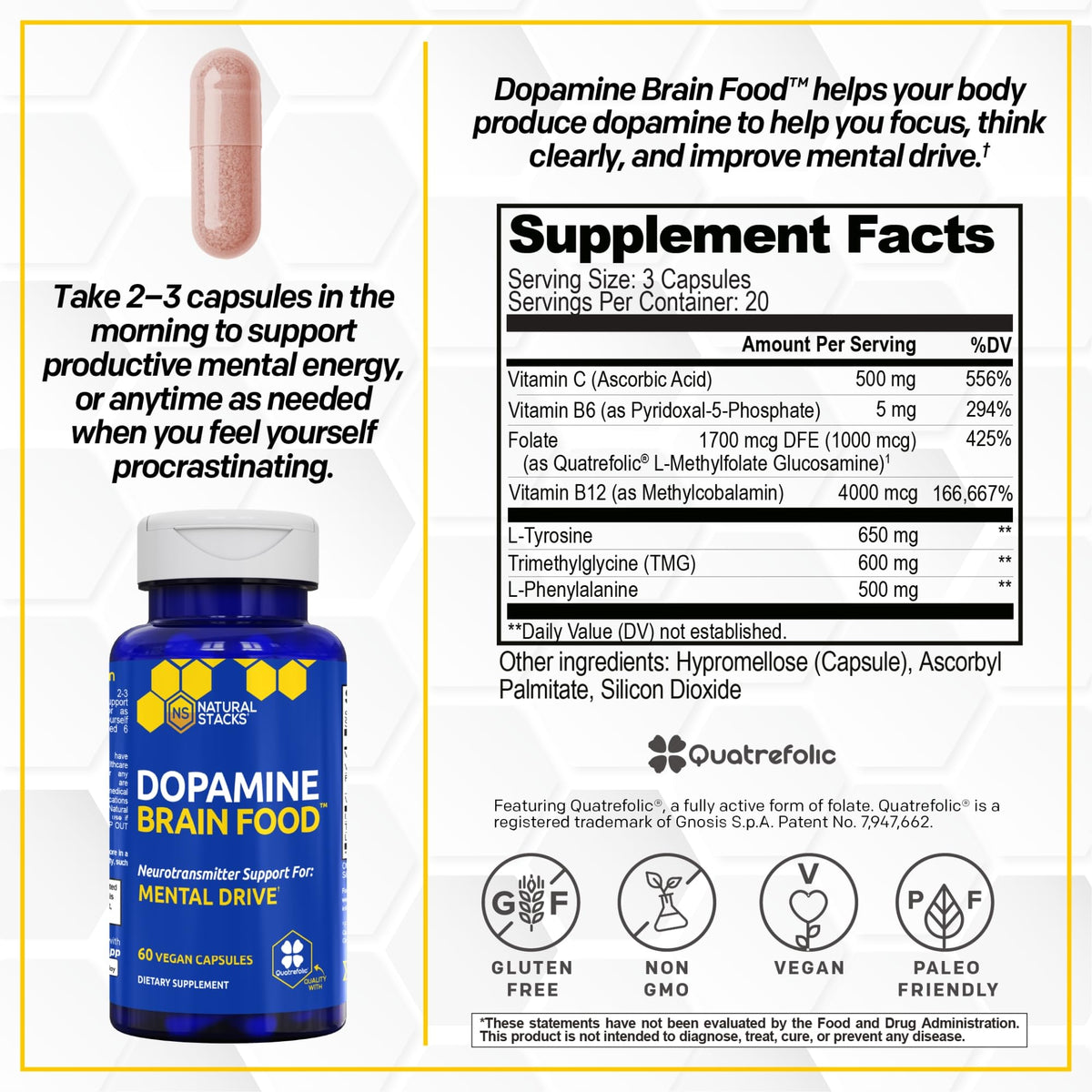 Natural Stacks Dopamine Brain Food Focus Support - 60 Capsules - image 2
