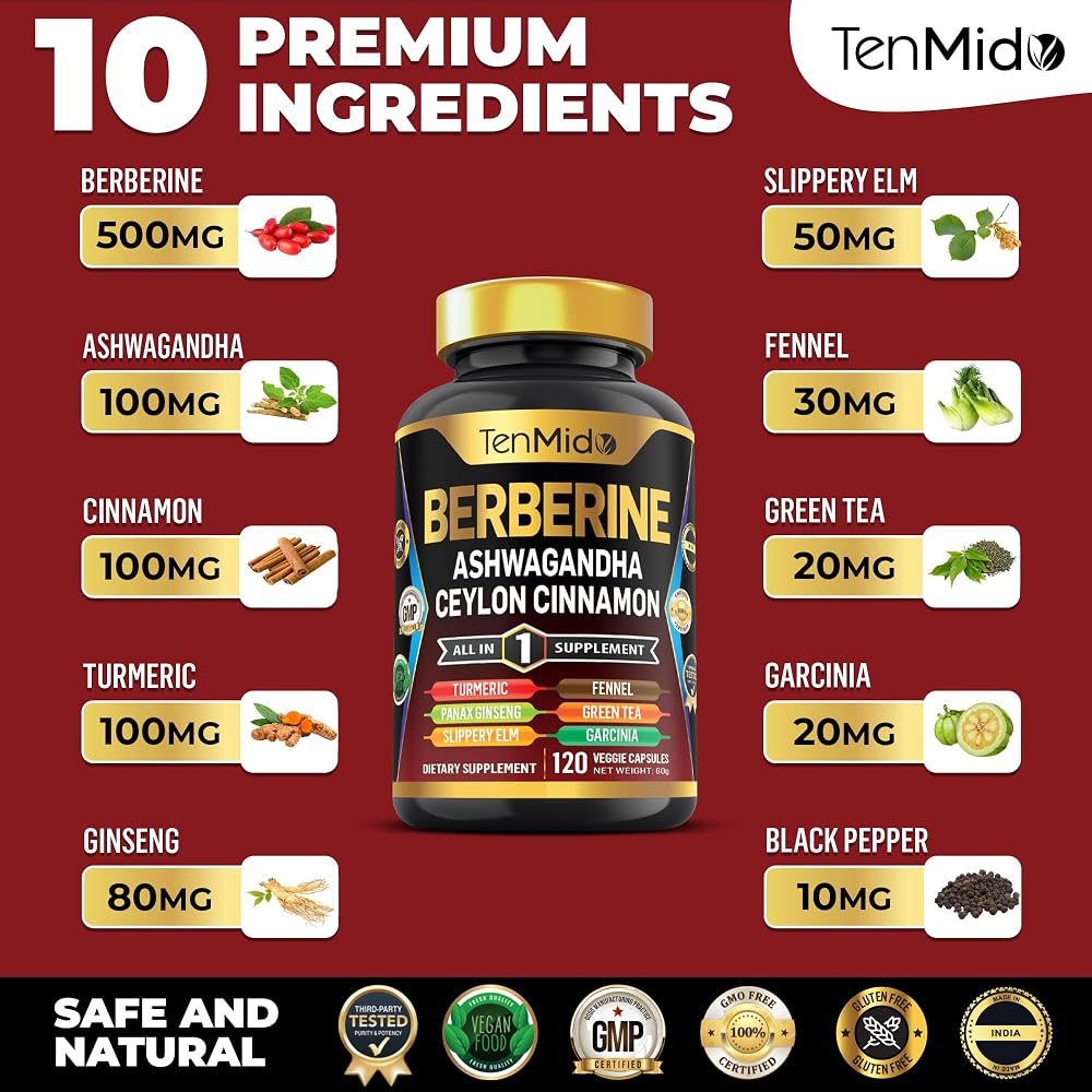 Tenmido Berberine Supplement 10-in-1 Formula - 120 Capsules - image 3