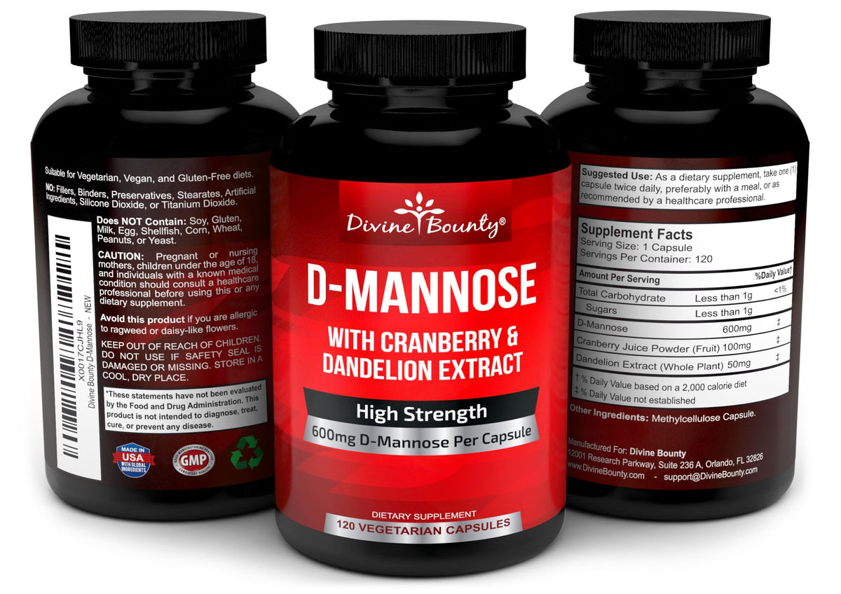 Divine Bounty D-Mannose 600mg with Cranberry & Dandelion - 120 Capsules - image 4