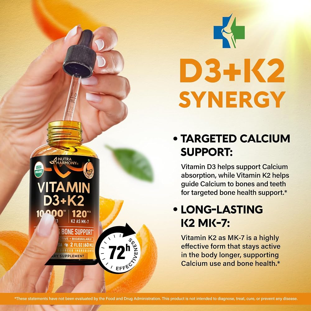 NUTRAHARMONY Vitamin D3 K2 USDA Organic Drops - Vitamin D3 10000 IU