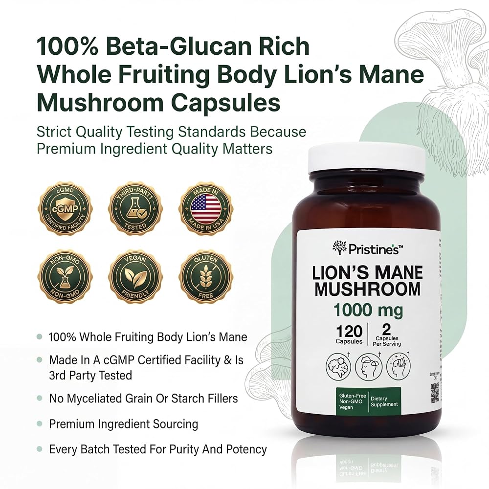PRISTINE'S Lion's Mane 1000mg Mushroom Capsules - 120 Count - image 2