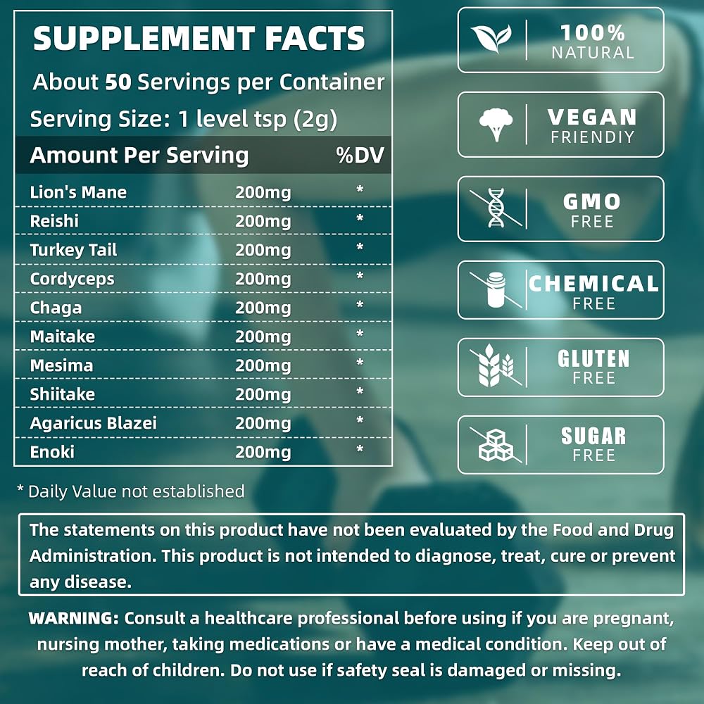 TEATREE 10 Mushrooms Powder for Focus & Energy - 100g - image 2