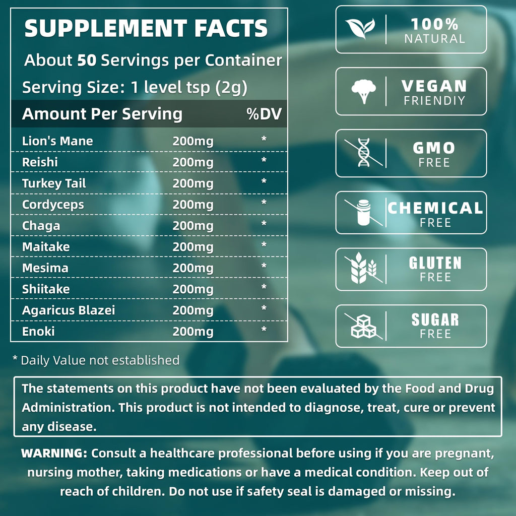 10 Mushrooms Powder, Mushroom Supplement Blend for Coffee, Beverages & Smoothies, Natural Focus, Energy & Immune Support Supplement - 3.53 oz / 100g
