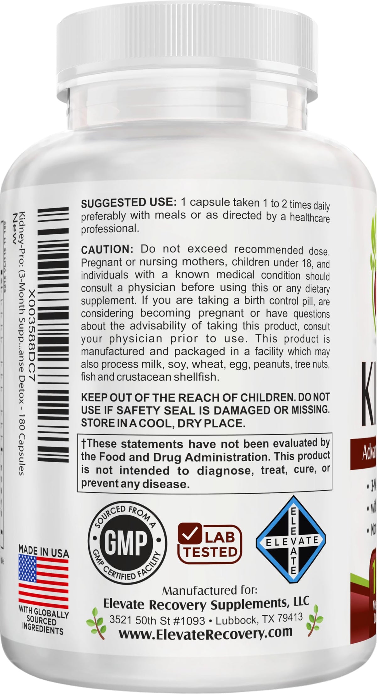 Elevate Recovery Kidney-PRO Kidney Support Complex - 180 Vegetarian Capsules - image 3