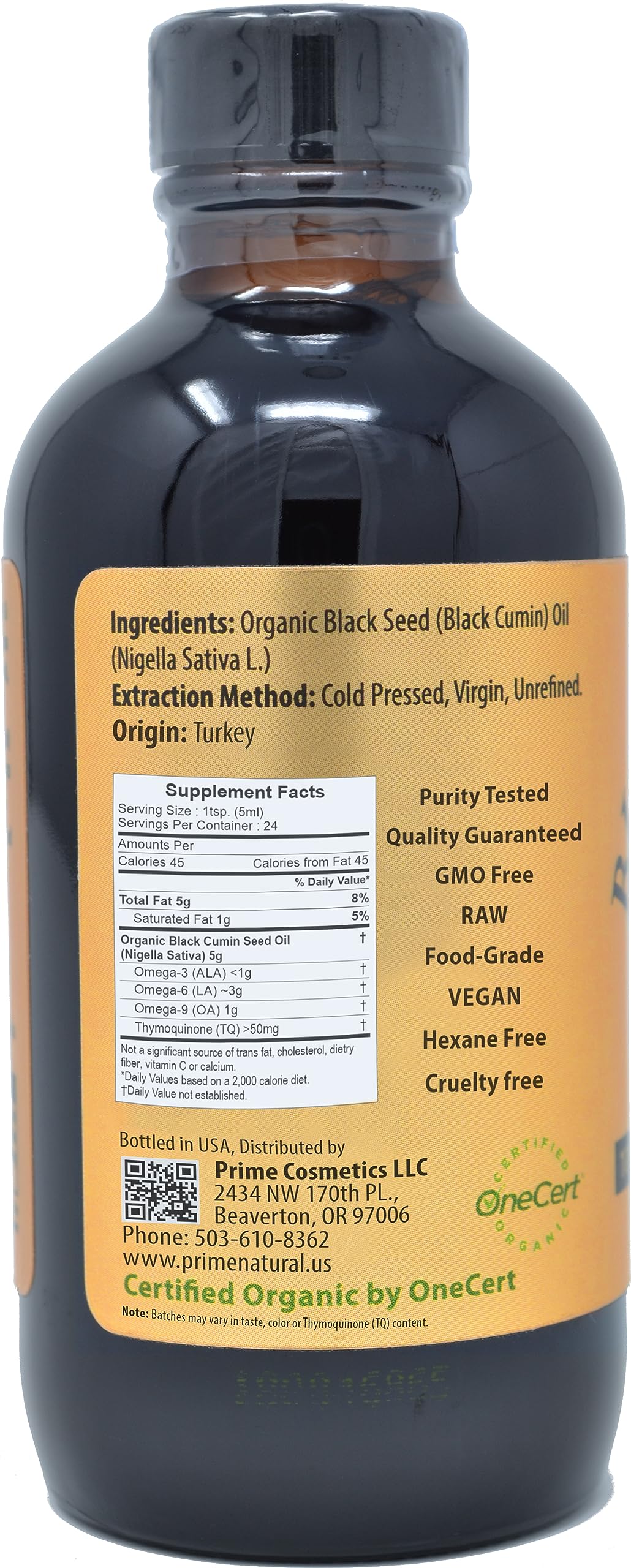 PRIME NATURAL Organic Black Seed Oil - Cold Pressed Unrefined High