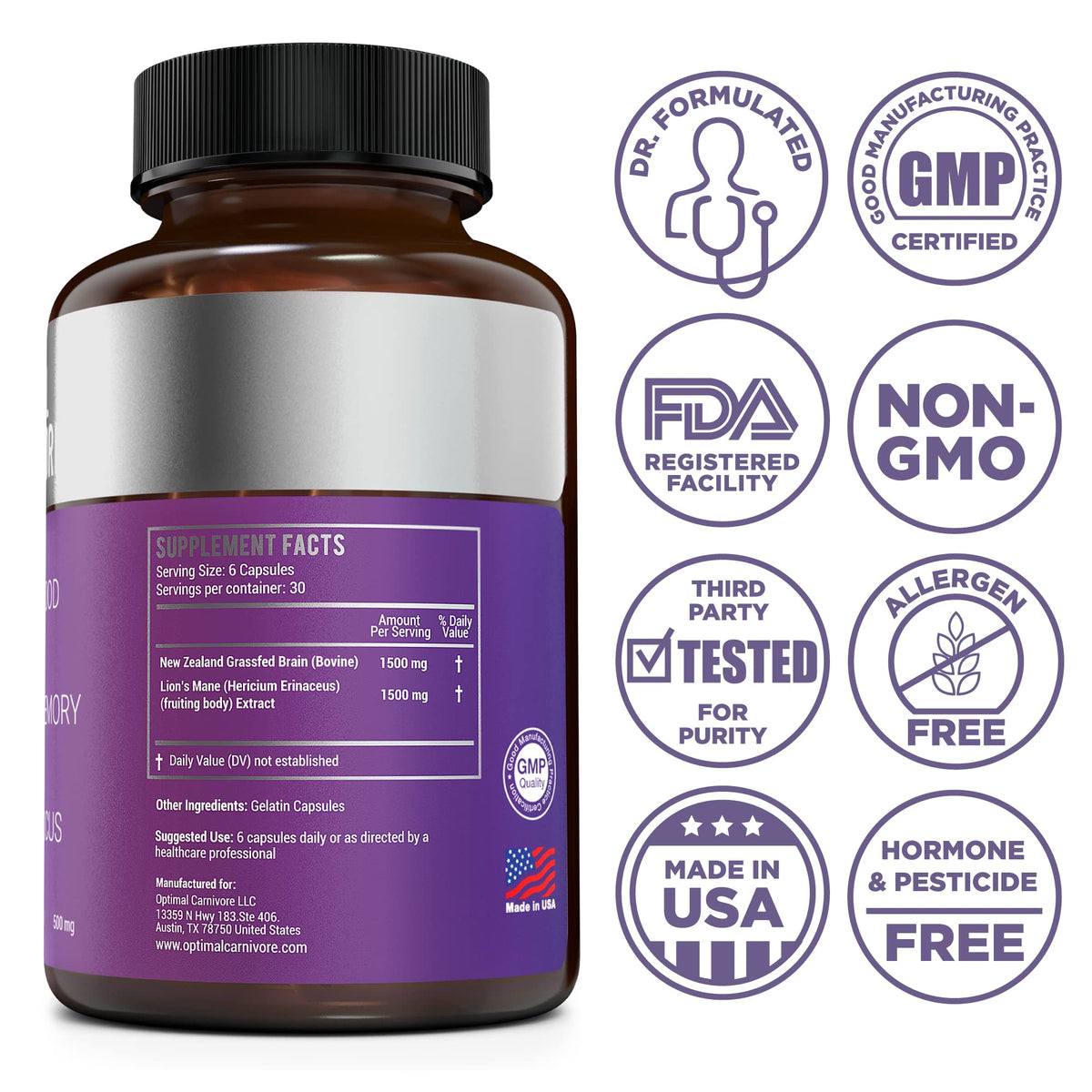 Optimal Carnivore Lions Mane & Beef Brain Capsules - 180 Count - image 2