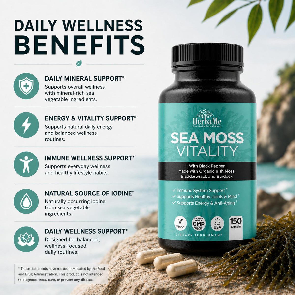 HerbaMe Organic Irish Sea Moss with Bladderwrack & Burdock - 150 Capsules - image 3