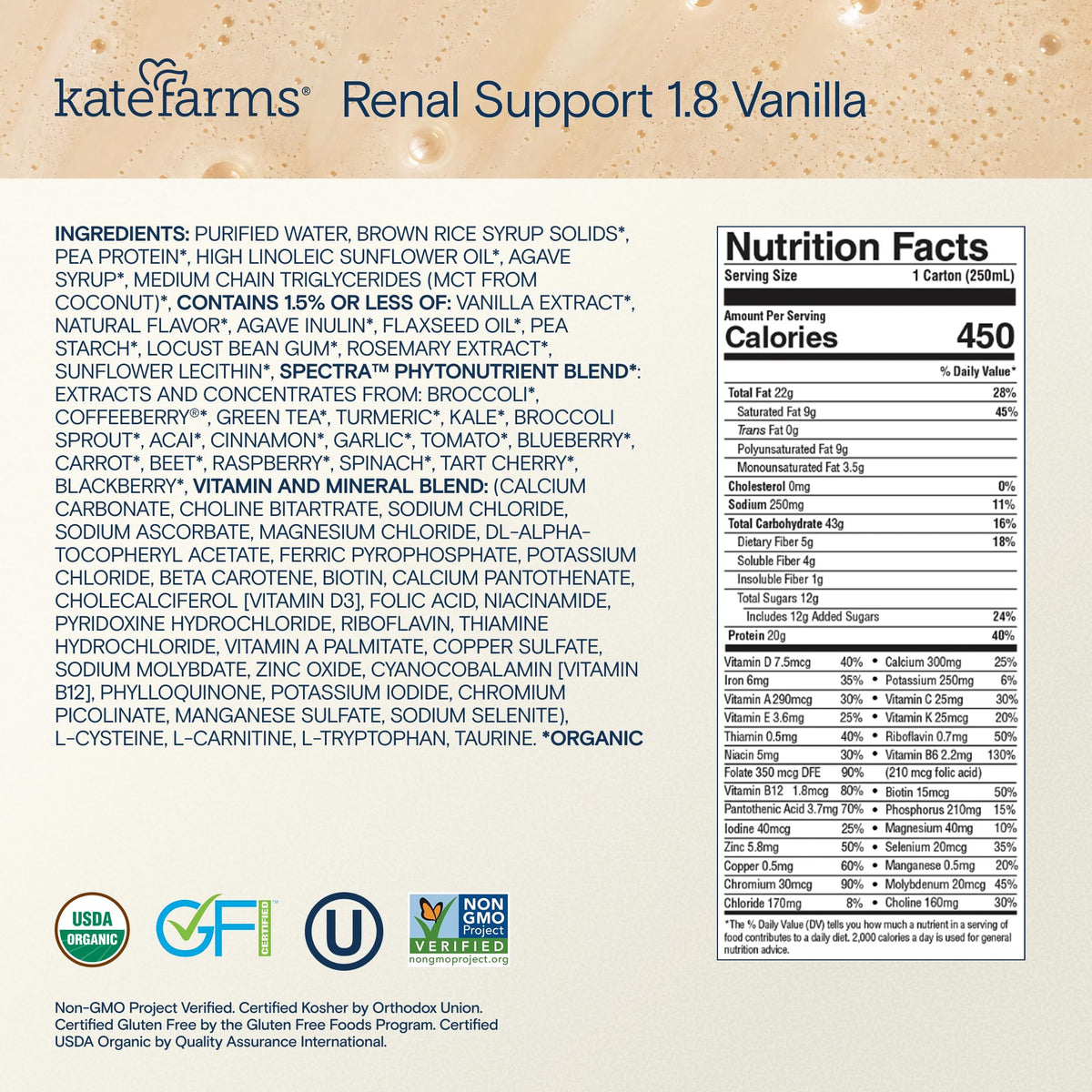 Kate Farms Renal Support Shake Vanilla 20g Protein - 12 Pack - image 2