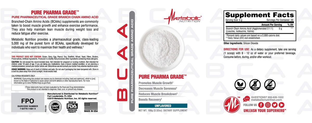 Metabolic Nutrition BCAA Powder for Muscle Growth - 100g - image 2