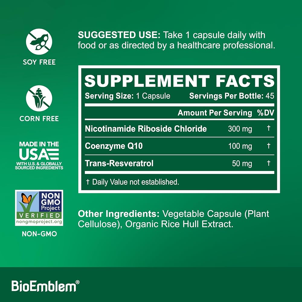 BioEmblem NAD+ 300mg Nicotinamide Riboside with CoQ10 - 45 Capsules - image 2