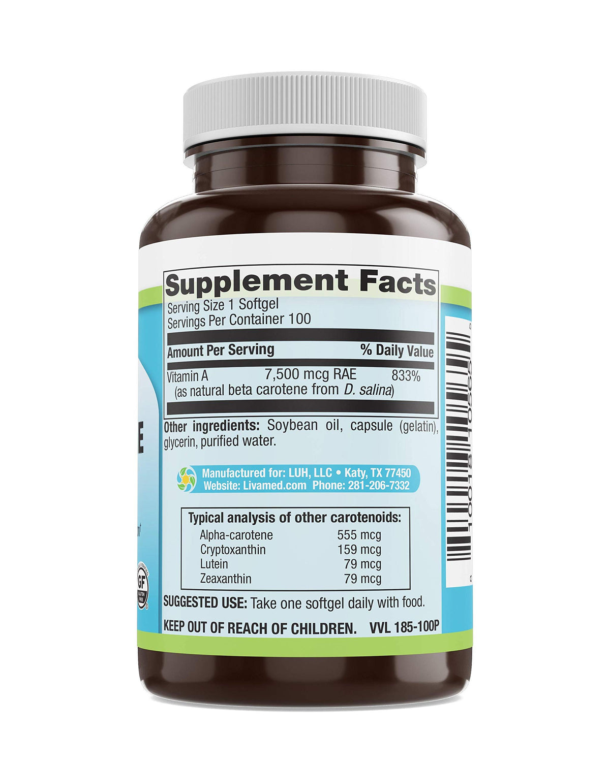 Livamed Natural Beta Carotene 25,000 IU - 100 Softgels - image 3