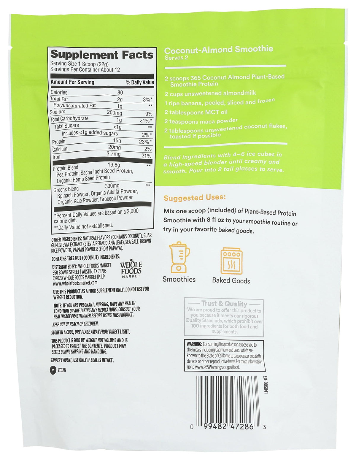 365 by Whole Foods Market Plant-Based Protein Powder Coconut Almond - 9 oz - image 2