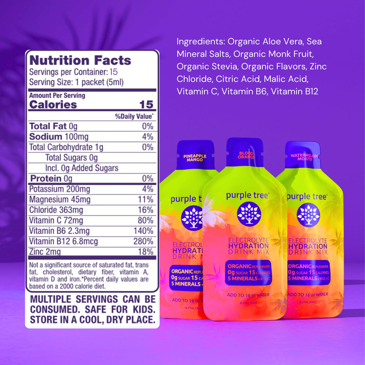 Purple Tree Organic Electrolyte Hydration Packets Zero Sugar - 15 Sticks - image 4