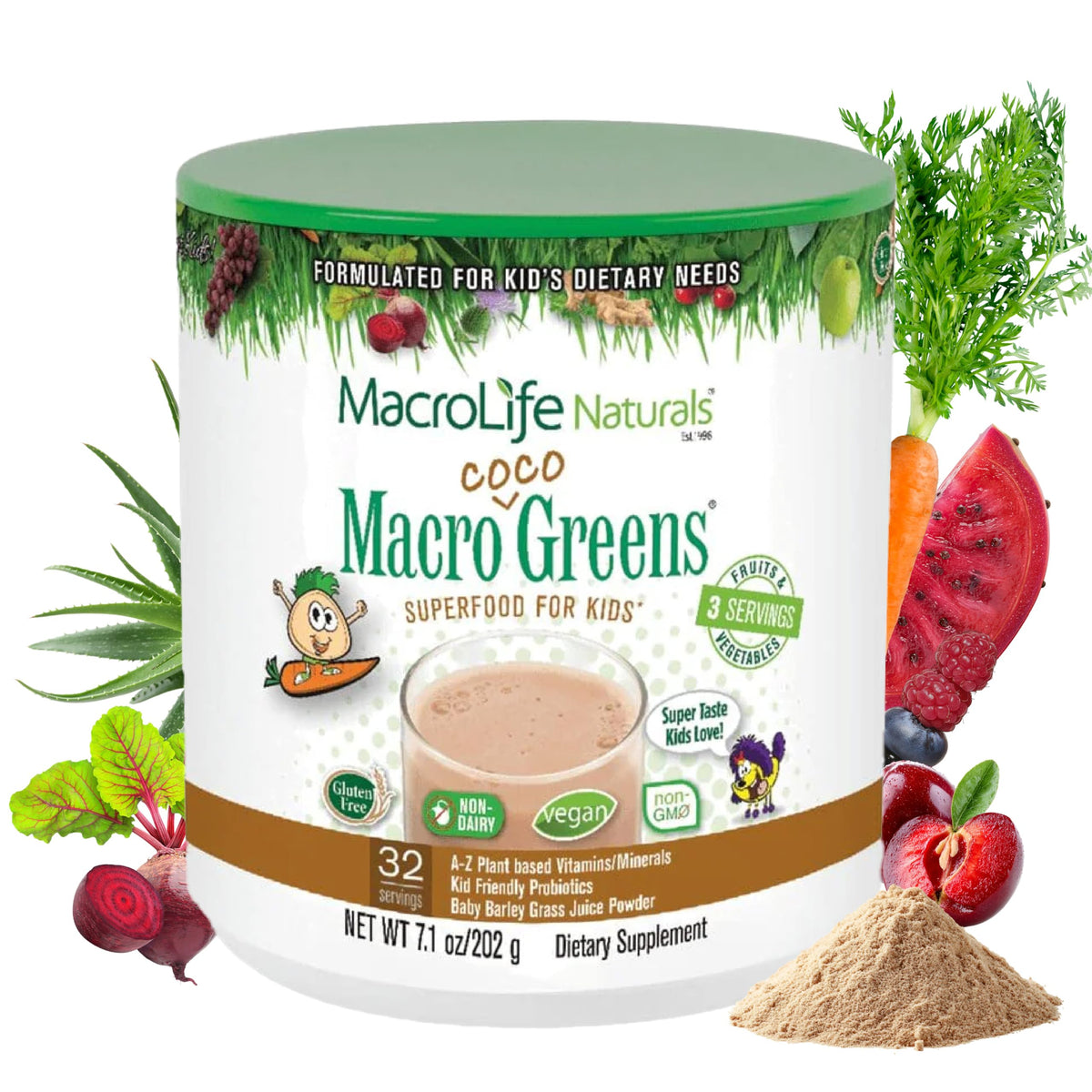 MacroLife Naturals Macrococo Greens Kids Superfood Powder, Chocolate - 7oz