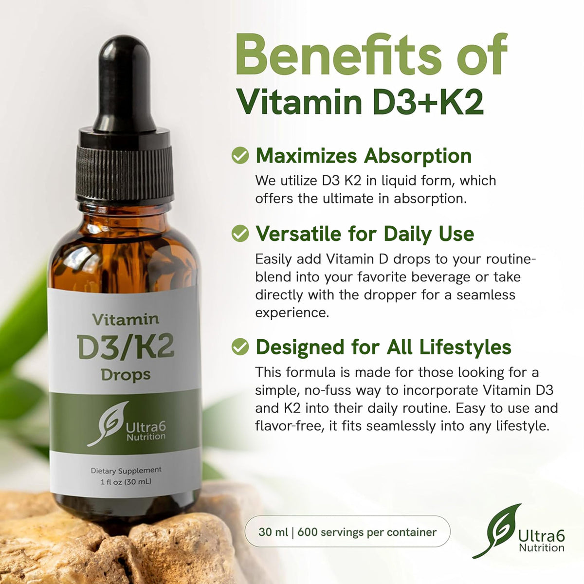 Ultra6 Nutrition Vitamin D3 and K2 Drops Liquid - 30 ml - image 2