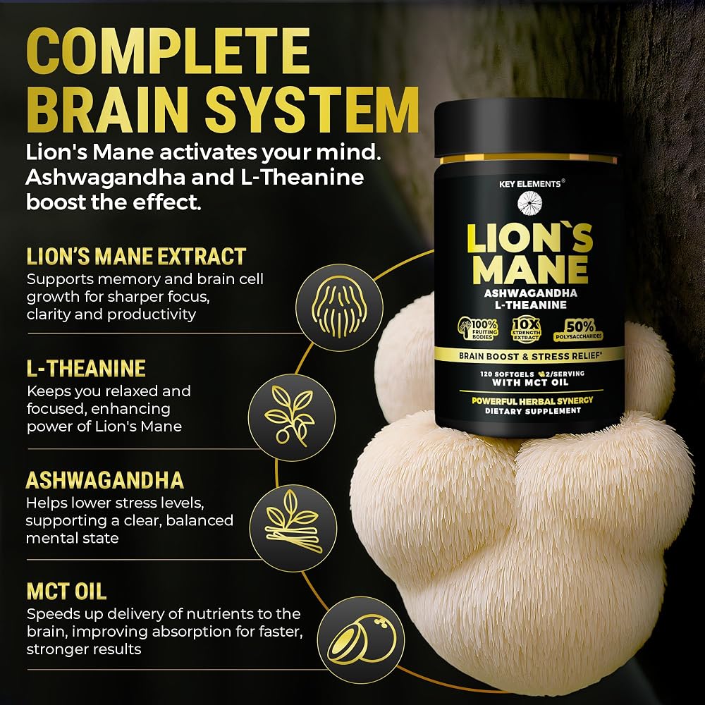 KEY ELEMENTS Organic Lions Mane Supplement with MCT Oil for Focus - 120 Softgels - image 3