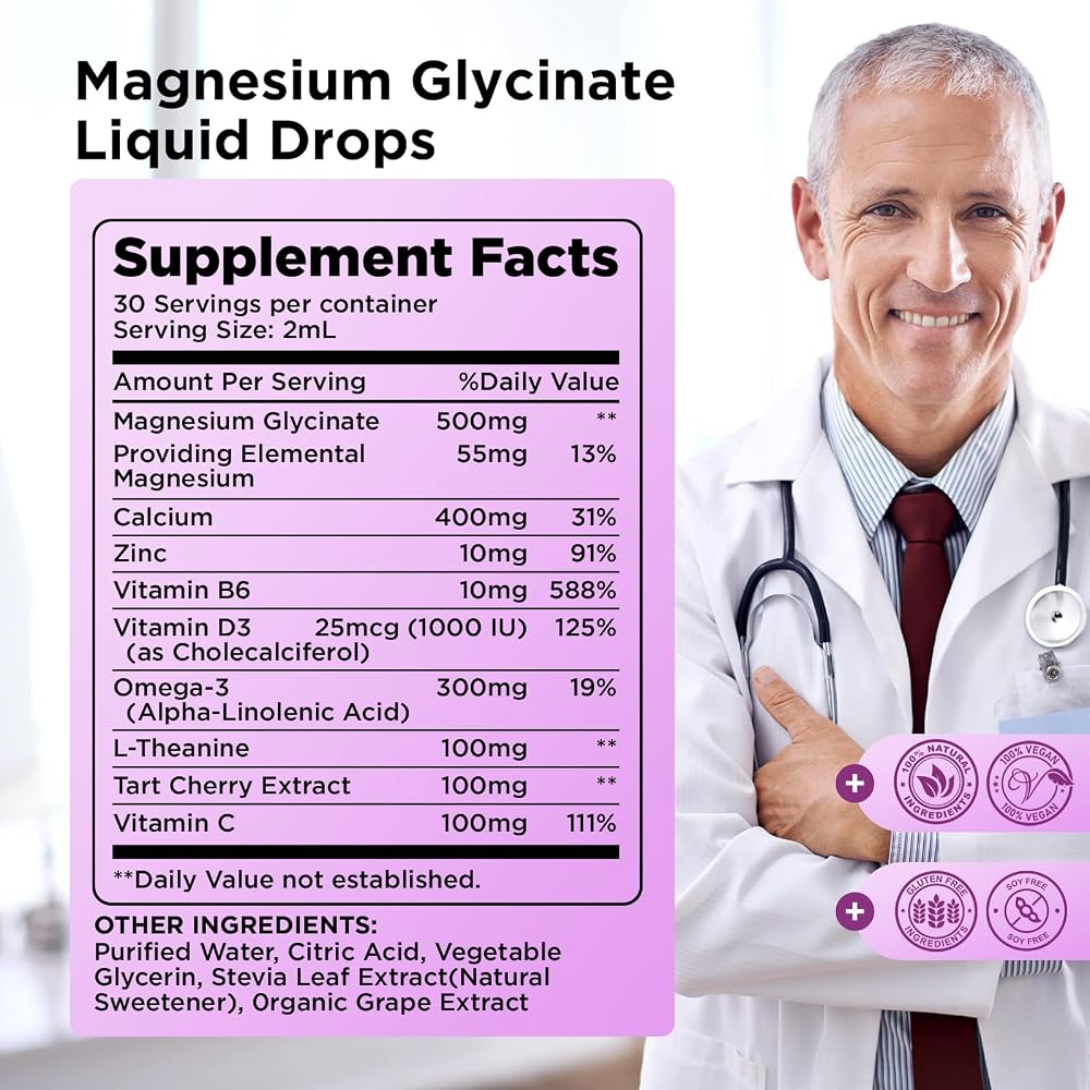 2 Pack Magnesium Glycinate Liquid Drops, Magnesium Glycinate Supplement 500mg with Calcium, Zinc, Vitamin B6, D3, L-Theanine, Omega 3 for Sleep, Mood, Stress Relief, Bone, Muscle, Grape Flavor 4 Fl Oz - image 7