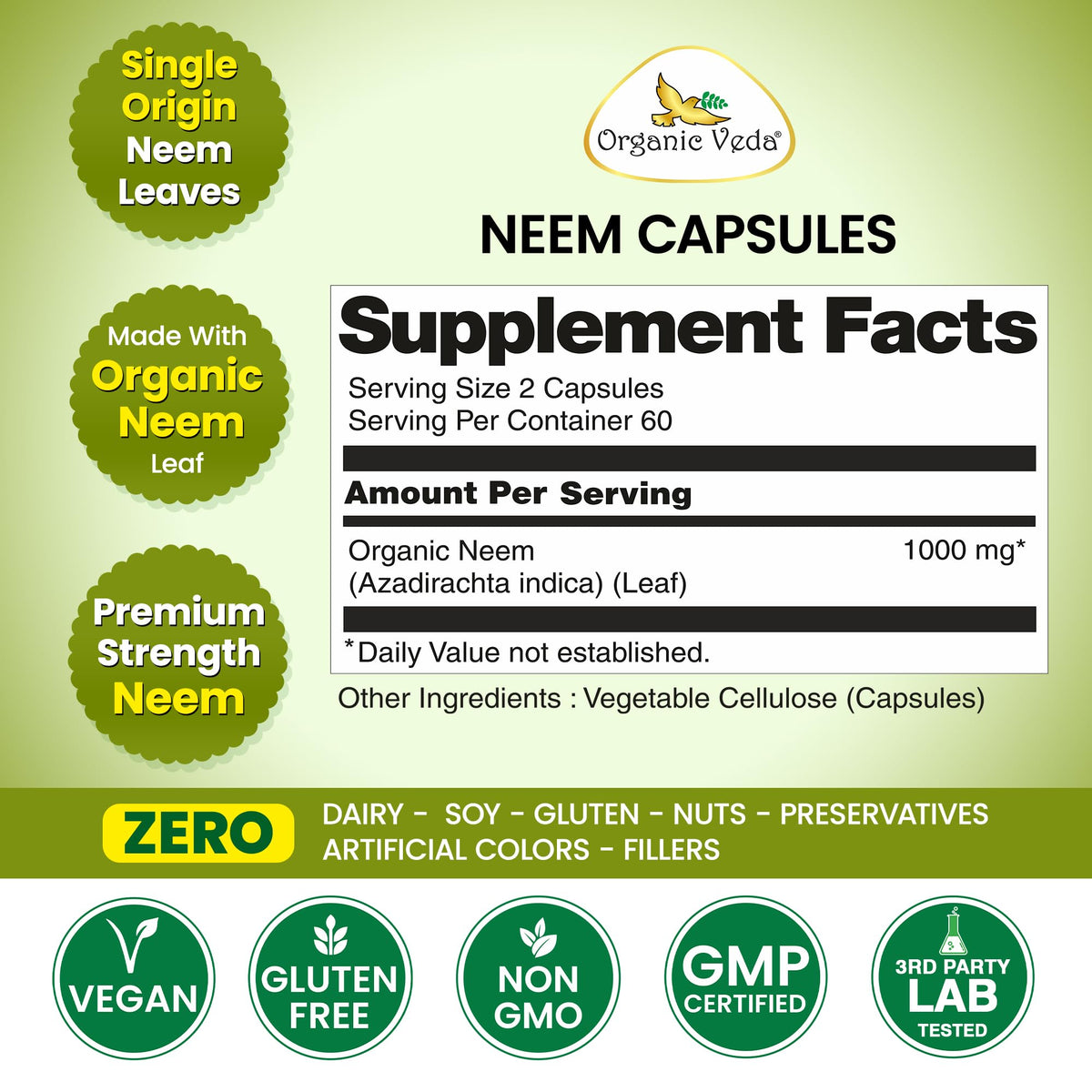 Organic Veda Neem Capsules Herbal Supplement - 120 Vegan Capsules - image 2