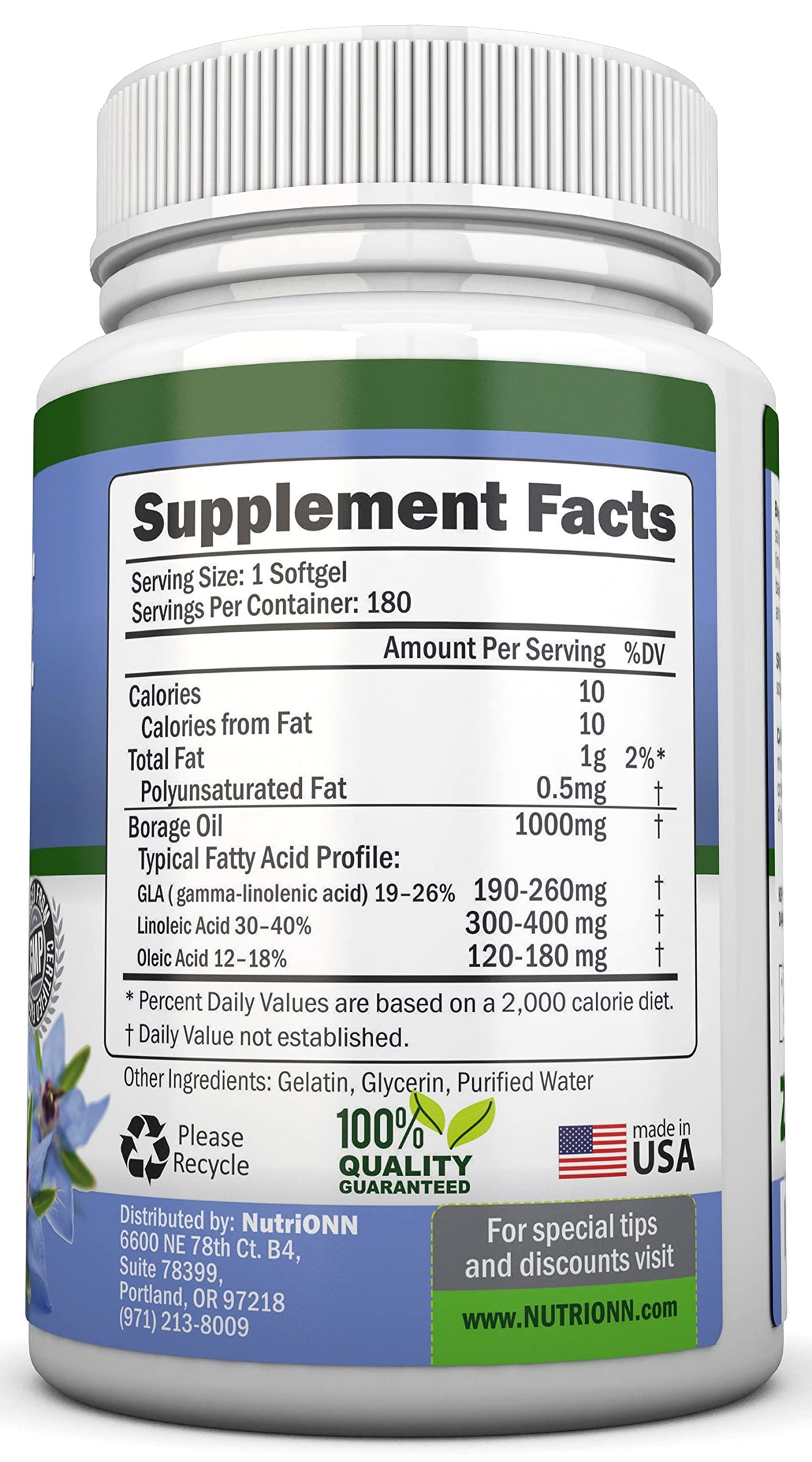 NutriONN Borage Oil 1000 mg - 180 Softgels - image 2