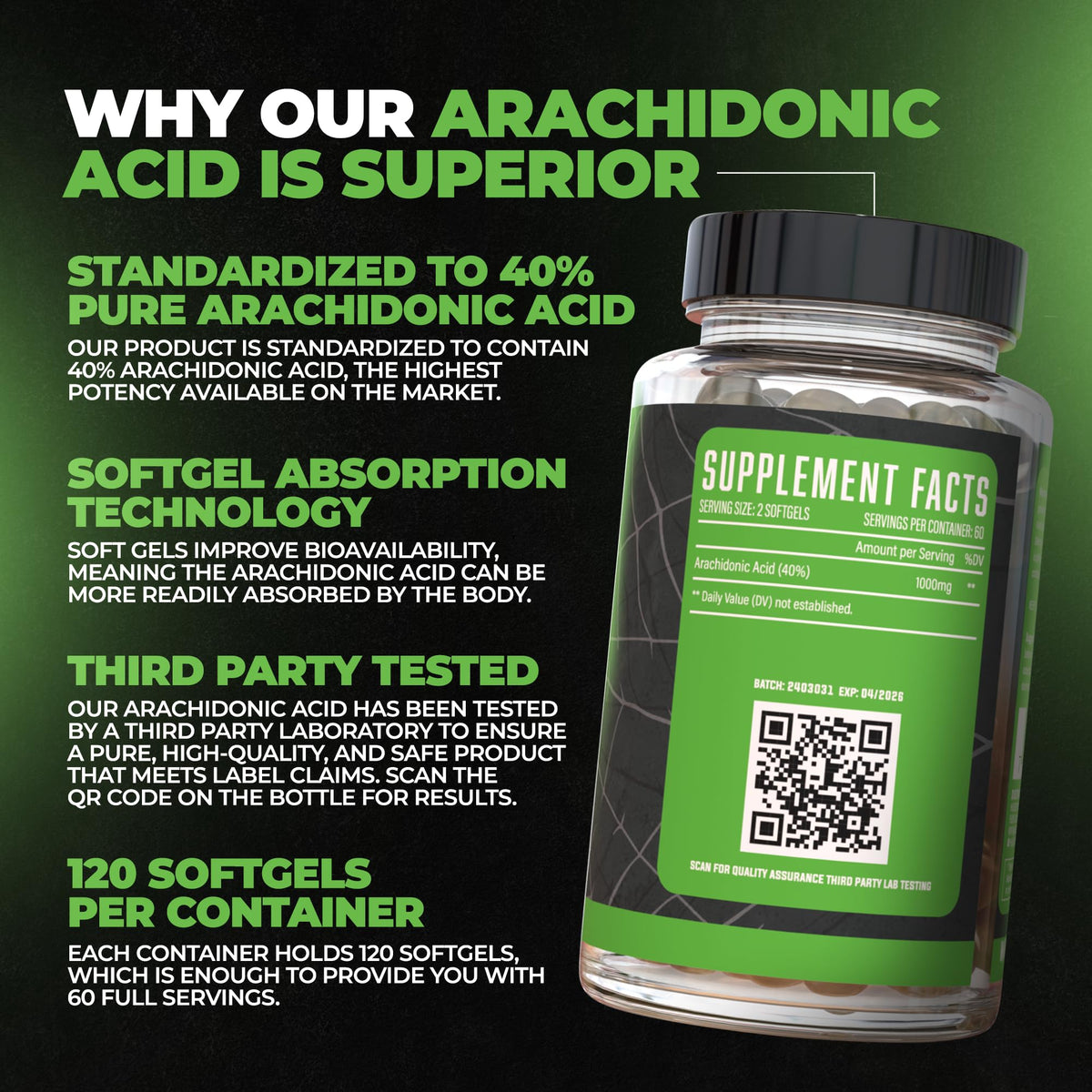 Huge Supplements Arachidone Arachidonic Acid 1000mg - 120 Softgels - image 2