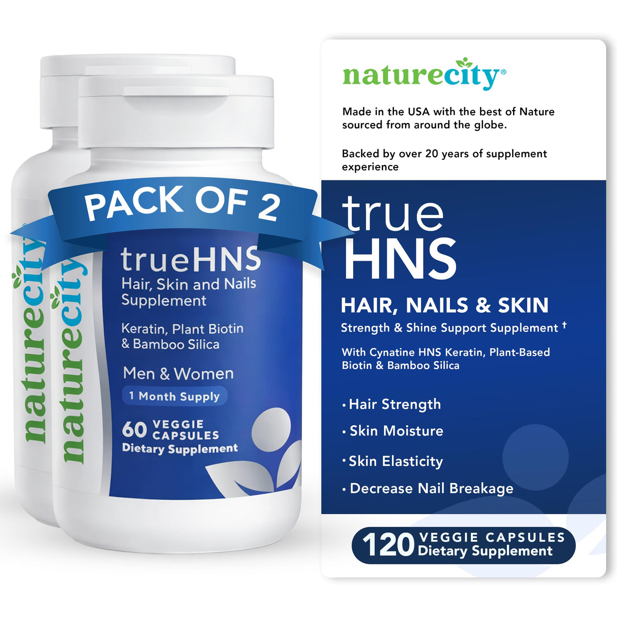 NatureCity True-HNS Hair & Nails Supplement Plant Based Biotin - 120 Capsules