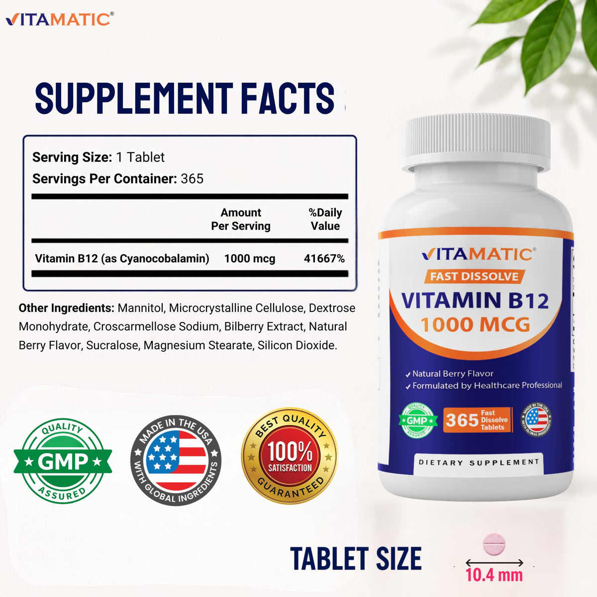 Vitamatic Vitamin B12 1000 mcg Fast Dissolve 365 Tablets - Berry